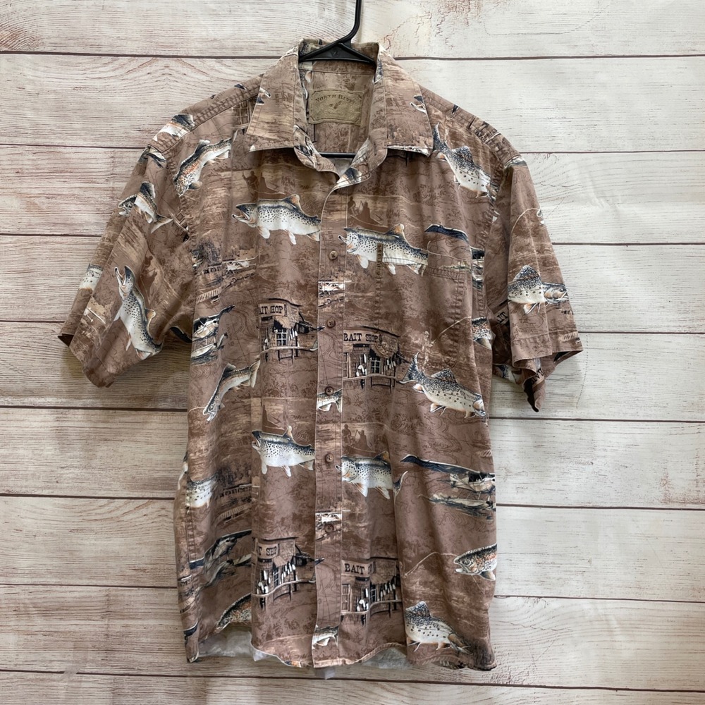 EXCELLENT CONDITION VINTAGE NORTH RIVER SHIRT IN ALLOVER FISHING‎ PRINT